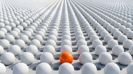 Obraz premium Orange Sphere Standing Out Among White Spheres, Individuality and Leadership Concept