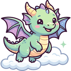 Fototapeta premium A cute cartoon dragon flying happily in the air on clouds
