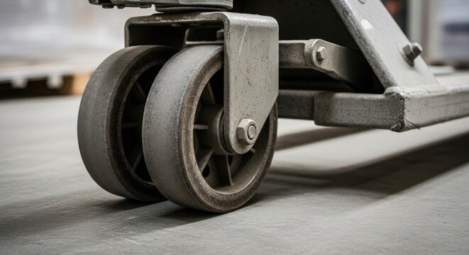Close-up view of industrial pallet jack wheels in a functional setting