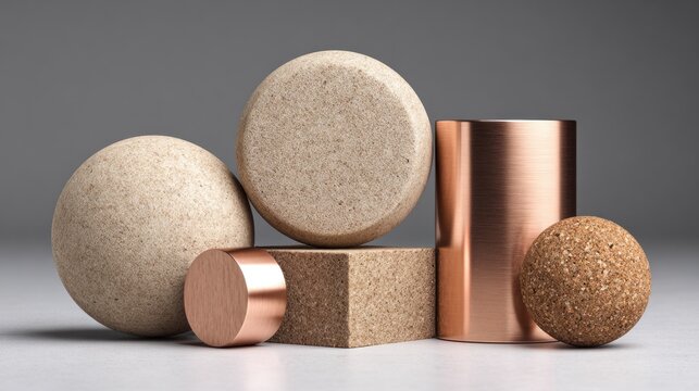 Grouping of diverse geometric shapes showcasing contrasting natural and metallic textures