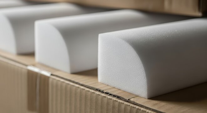 Close-up view of protective white foam corners within cardboard packaging, emphasizing safety for delicate shipments