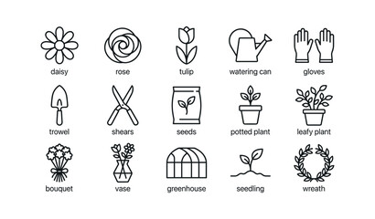 Fototapeta premium Gardening icons arranged in grid on white background