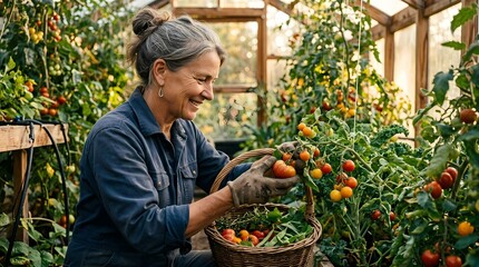 Fototapeta premium Happy Senior Woman Harvesting Fresh Organic Tomatoes in Sunlit Greenhouse