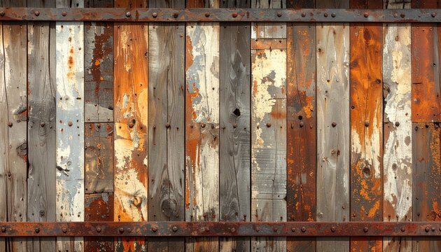 Rustic Weathered Wooden Planks with Rusty Metal Accents.