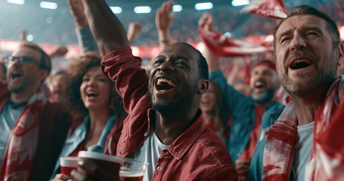 Soccer fans cheering in stadium with red and blue team colors