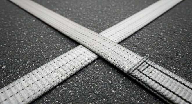 Detailed Macro View of Intersecting Gray Woven Polypropylene Straps on Textured Surface