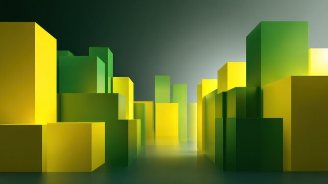 Alternating rows of vibrant yellow and deep green rectangular prisms create an abstract, luminous cityscape illusion.