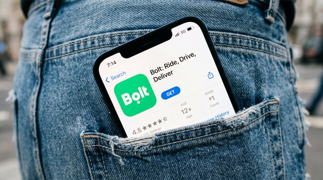 Close-up photo illustration of the Bolt: Ride, Drive, Deliver app interface on an iPhone screen tucked into a blue denim jeans back pocket, showcasing the green Bolt logo and App Store UI.