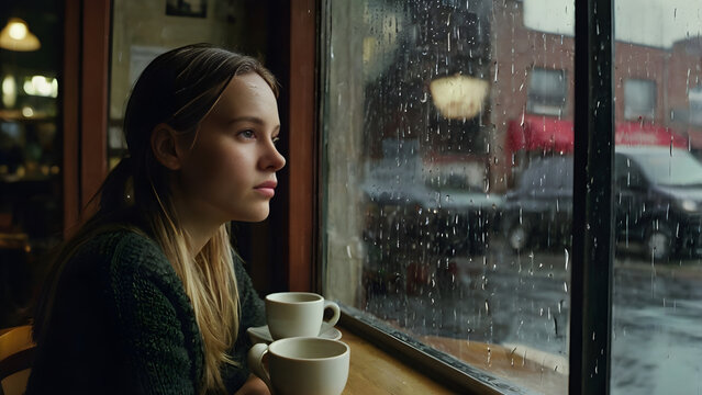 woman in cafe, A young woman looking out a rain-streaked window in a cozy caf&eacute;, soft reflection on the glass