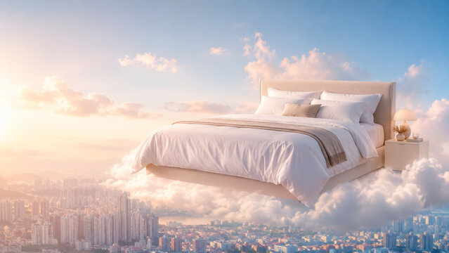 구름 위에 떠 있는 침대의 초현실적 광고 비주얼 Surreal Advertising Visual of a Floating Bed Above the Clouds