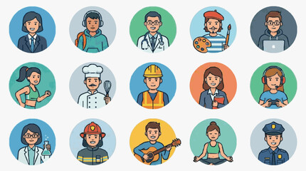 Fototapeta premium Professional Colorful Set of 15 Diverse Characters in Various Occupations with Unique Attire and Tools