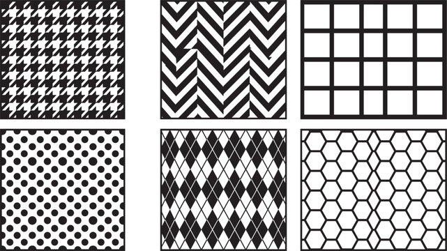 Black and white geometric seamless pattern vector set with houndstooth chevron argyle grid polka dot and hexagon textures