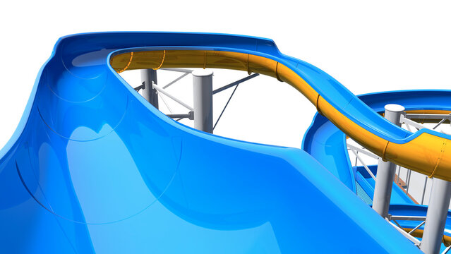 Modern blue and yellow plastic waterpark slide module. Close up diagonal view with copy space and realistic alpha transparency shadows on transparent background.