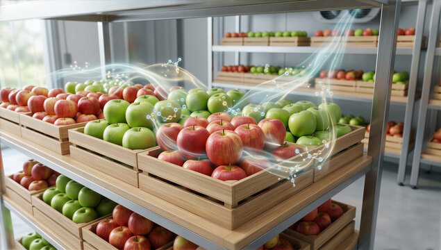 Radiant apples in a cool storage realm, their natural goodness enhanced by a gentle, scientific glow
