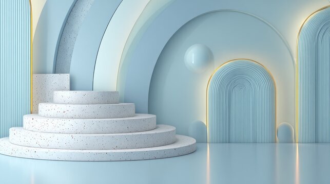 Minimalist presentation stage features tiered circular pedestals against a backdrop of layered arches and soft illumination