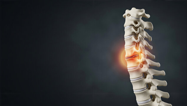 Anatomical marvel showing a damaged spinal disc an area of vibrant red inflammation and distress