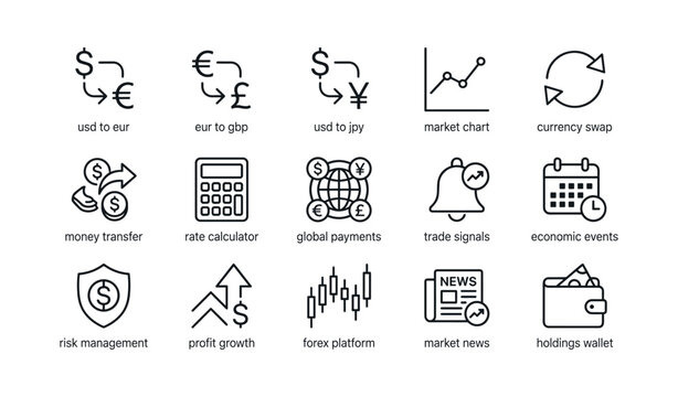 Currency exchange and market icons arranged in a grid layout