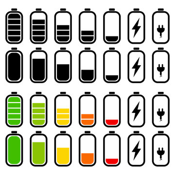 Collection of various battery icons in different colors and charge levels