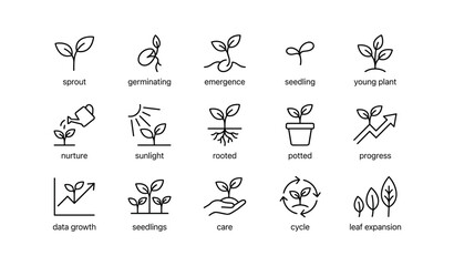 Fototapeta premium Seedling and plant growth icons shown in a white grid layout