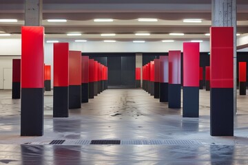 Naklejka premium Rows of vibrant red and black pillars creating a modern architectural pattern inside a large empty space