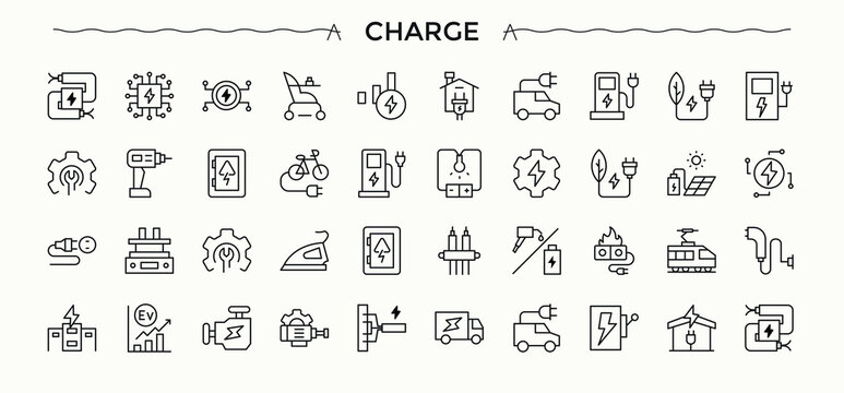 Charging line icon set. Minimalist icons pack. Electricity linear icon set. Includes symbols for technology, charger, electricity, battery, charge and more.