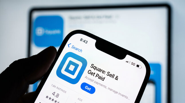 Hand holding iPhone showing Square Sell and Get Paid app on App Store interface with blurred tablet screen background, representing mobile payment solutions and digital point of sale business.