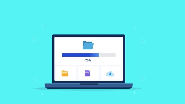 Modern flat vector animation of a laptop displaying a folder transfer progress bar with file management icons and dashboard interface. Ideal for data storage, organization, software, and web technolog