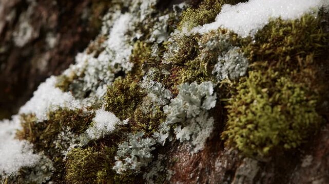 Close up view of moss and lichen growing on a tree bark, partially covered with fresh white snow in a natural forest environment. Winter textures and organic patterns are clearly visible