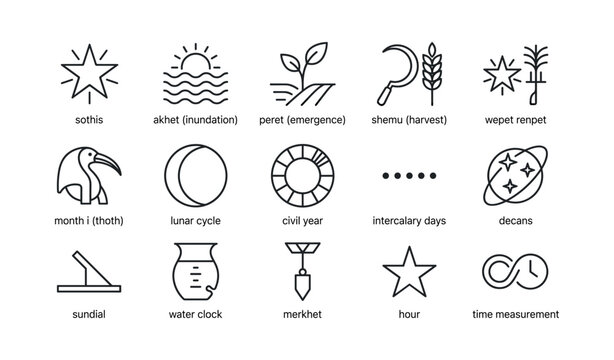 Ancient egyptian calendar and timekeeping icons on white background