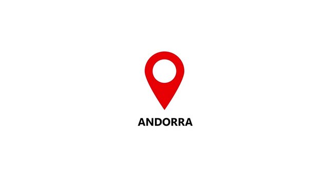 Andorra map location pin animation. Andorra text up down location pin pointer icon white background. Alpha channel GPS location tracking animation. 4K video