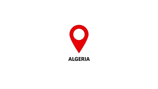 Algeria map location pin animation. Algeria text up down location pin pointer icon white background. Alpha channel GPS location tracking animation. 4K video