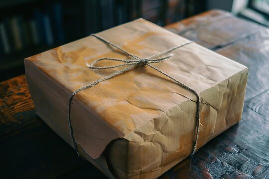 Wrapped brown paper package secured with a string bow sits on a dark wooden table