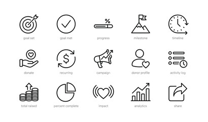Fototapeta premium Fundraising icons illustrating goals progress and donor analytics