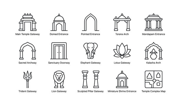 Temple gateway icons of different entrance styles on white