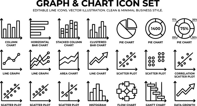 Graph and Chart icon set. Editable line icons. Vector illustration.
