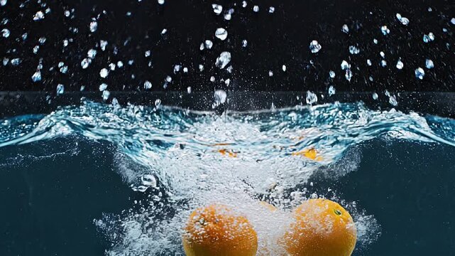 Stunning slow motion footage of fresh oranges plunging into dark water, creating a dramatic crown-shaped water splash above the surface. The split underwater and above-water perspective adds cinematic