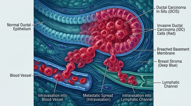 This detailed medical illustration depicts the metastasis of breast ductal carcinoma. Invasive cells rupture the basement membrane, undergoing intravasation into nearby blood and lymphatic channels.