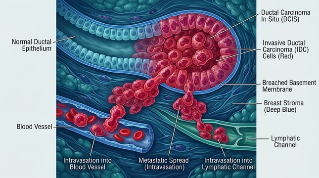 This detailed medical illustration depicts the metastasis of breast ductal carcinoma. Invasive cells rupture the basement membrane, undergoing intravasation into nearby blood and lymphatic channels.