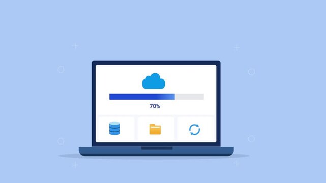 Modern flat vector animation of a laptop displaying a cloud sync progress bar with file management and refresh icons. Ideal for cloud storage, synchronization, software, and web technology projects.