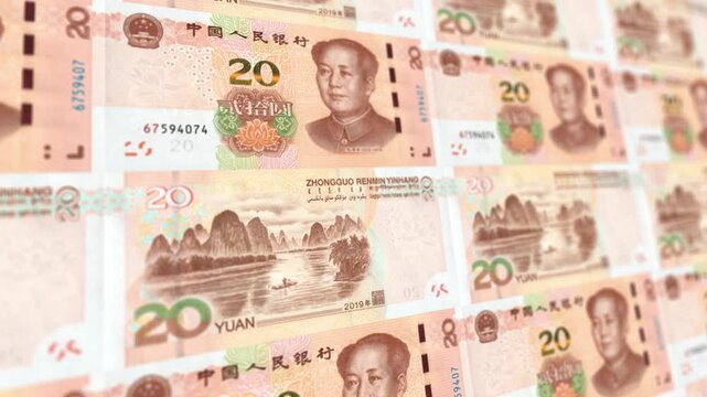 Seamless Looping Animation of Chinese Twenty Yuan Banknotes Stack, Horizontal Orientation, CNY Currency Finance Background