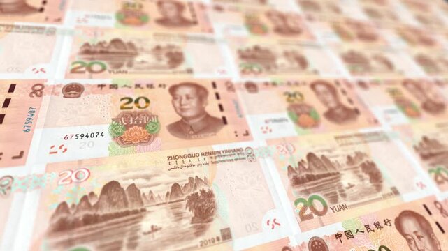 Looping Chinese Twenty Yuan Bills Pile Animation, Horizontal Format, RMB Money Background for Business and Finance