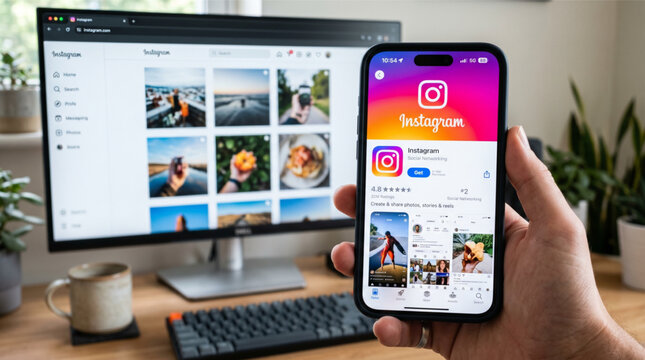 Photo illustration of a hand holding a smartphone displaying the Instagram app store interface on screen, with a blurred desktop monitor showing the Instagram social media web feed in background.