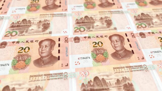 Animated Loop of Chinese 20 Yuan Banknotes Arrangement, Horizontal Video, CNY Financial Banking Concept Background