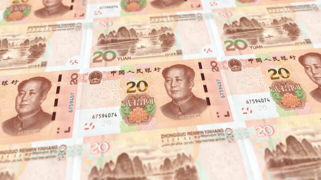 Looping Chinese Twenty Yuan Bills Pile Animation, Horizontal Format, RMB Money Background for Business and Finance