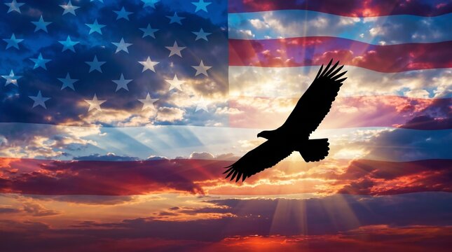 Majestic eagle silhouette soaring against a radiant sunset sky overlayed with a faded american flag pattern representing national pride freedom and patriotic spirit in a conceptual digital