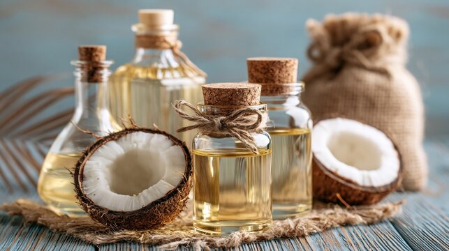 Coconut oil bottles sit on a table.