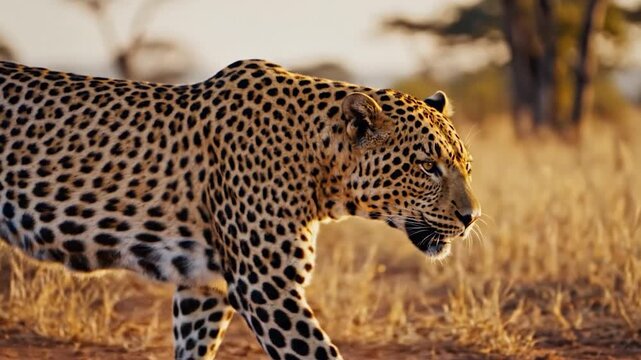 A wild leopard stalks through the dry African savanna