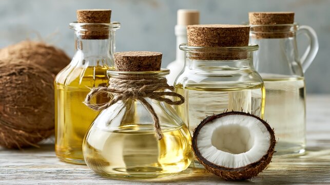Coconut oil bottles sit on a table.