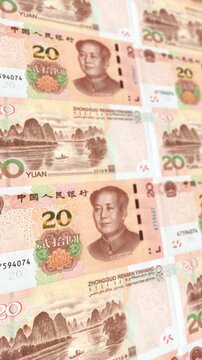 Animated Loop Chinese Twenty Yuan Banknotes Pile, Vertical Orientation, RMB Wealth Banking Background for Reels and Stories