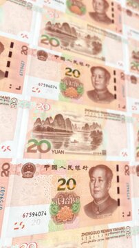 Seamless Loop Chinese 20 Yuan Bills Arrangement, Vertical Video, CNY Money Finance Concept for Instagram TikTok Reels